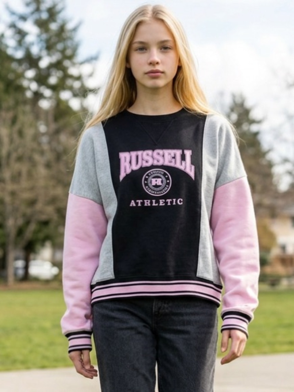 NWT Russell Athletic Women’s Pink Black Logo Sweatshirt- Size XS/S